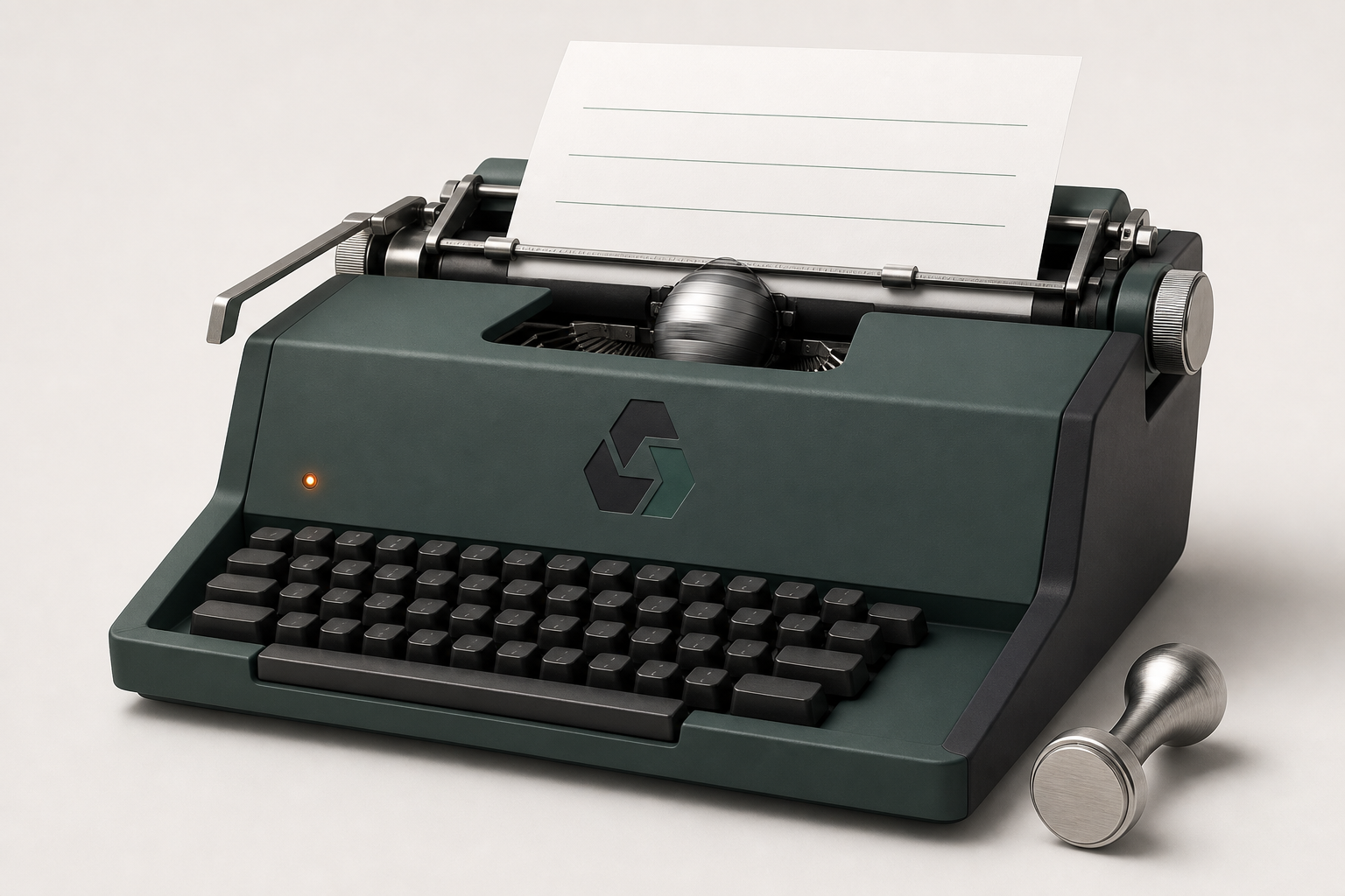 Selectric typewriter and approval stamp — AI drafts cases, testers keep sign-off