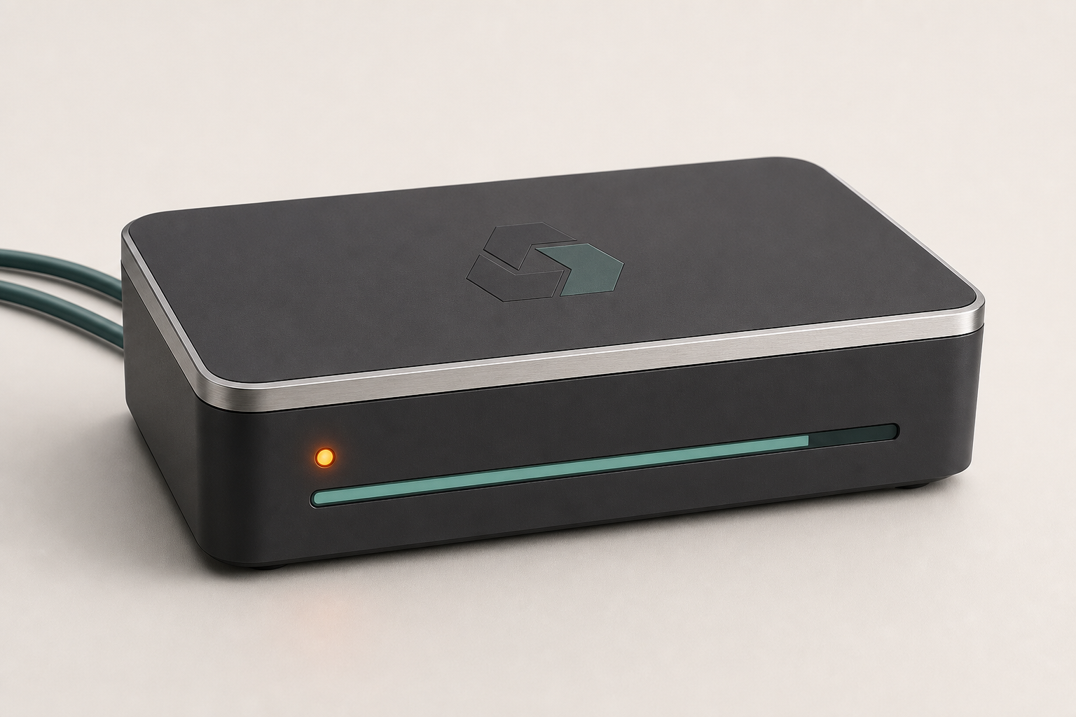 Matte charcoal load controller with one orange status light: load driven into a system under test