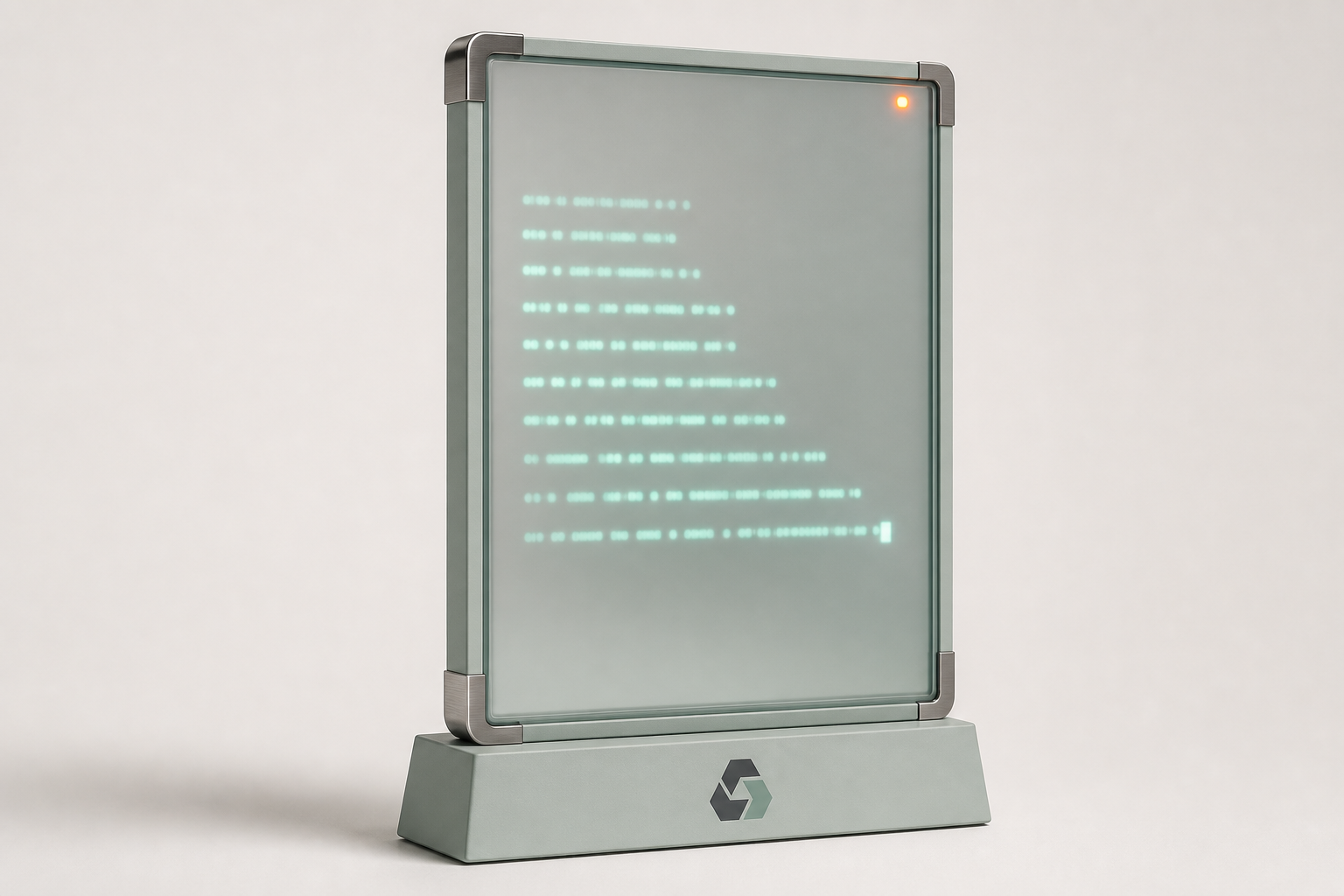 Streaming-text glass panel in a sage frame: tokens arriving one at a time